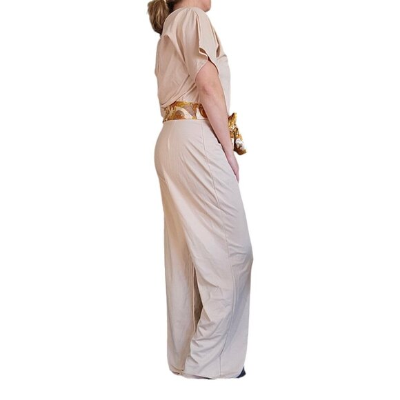 70s Inspired Womens Jumpsuit Sz 10 12 Cream Wide Leg Belted Keyhole Back Stretch - Picture 5 of 11